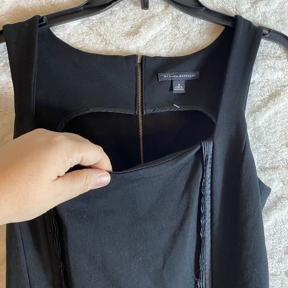 Banana Republic 8 Black Sleeveless Dress Square Neck Sheath Satin Strips